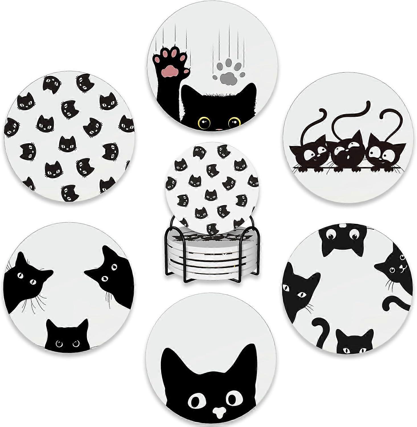Cute Black Cat Drink Coasters Set of 6, Absorbent Ceramic Tabletop Coasters for Home and Office Use
