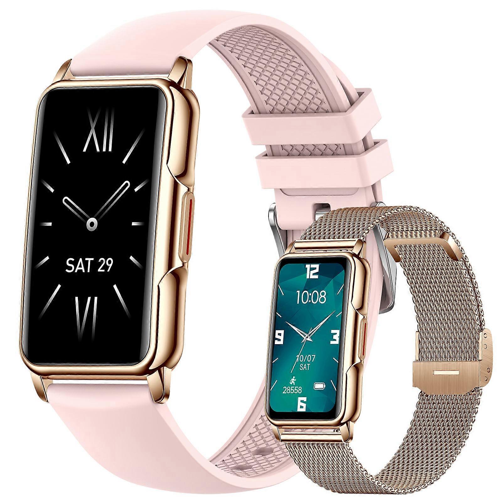 Smartwatch dourado com rastreamento de saúde e pulseira milanesa