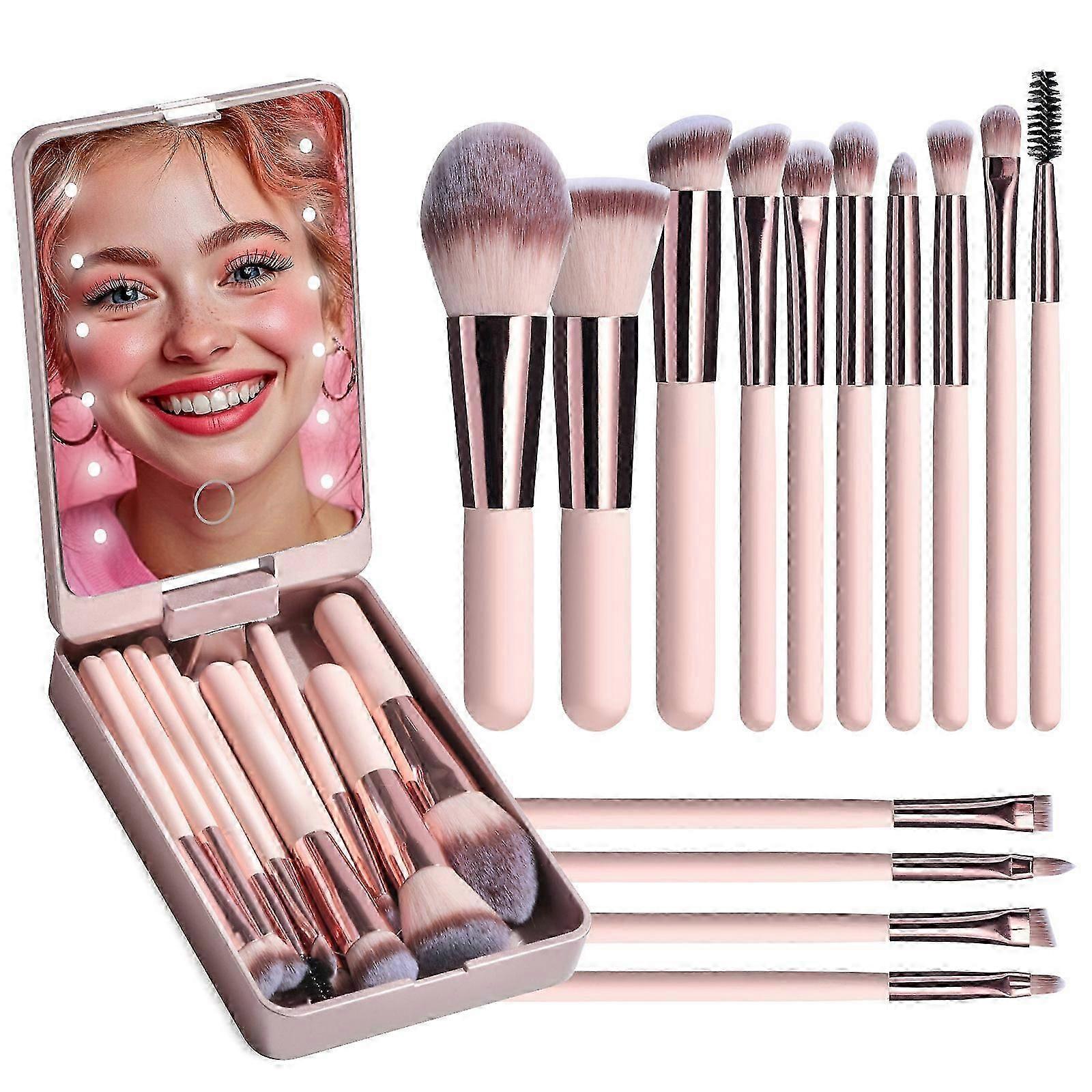 Travel Makeup Brush Set, 14Pcs Foundation Powder Concealers Eye Shadows Makeup Set with LED Light Mirror