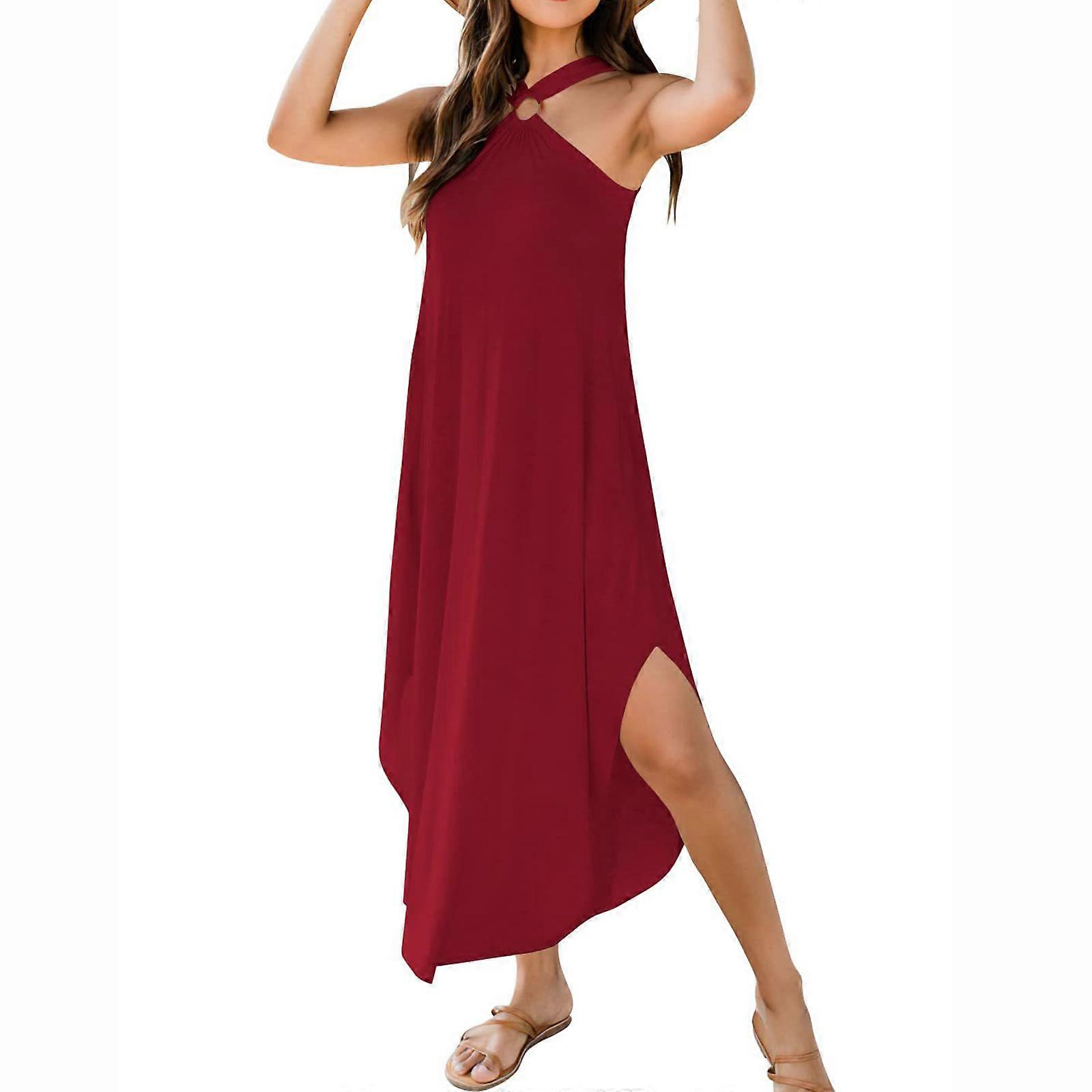 Damska długa sukienka z odkrytymi ramionami Lato Podróże nad morzem Wakacje Halter Spódnica bez rękawów Niskie rozcięcie Sukienka w luźnym stylu Bordowy XL