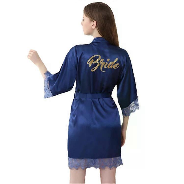 Lace Edge Nightgown-Gold Lettering,Dark Blue,Size S-Dark Blue,S