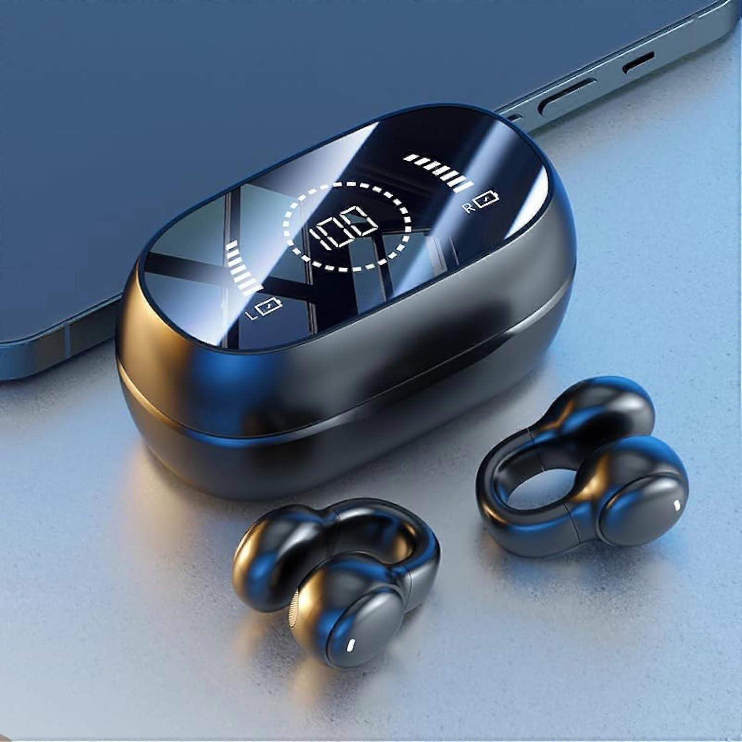 Bluetooth Ear Clip Headphone Wireless On Ear Earphones with Open Air Conduction for Sports - TWS Gaming Earbuds with Power Display, USB C Case, Black