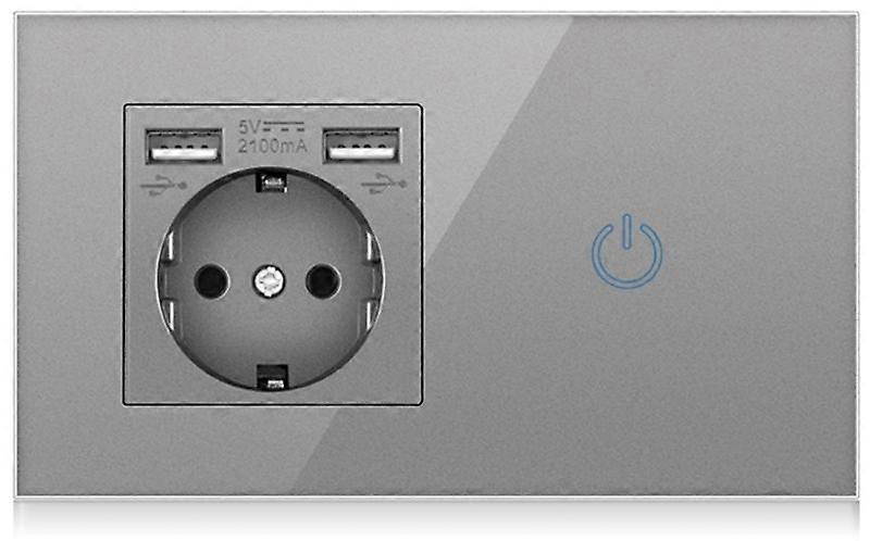 EU Smart Touch Light Switch + Germany Socket + 2 USB Ports Outlet Grey Crystal Glass Panel 16A