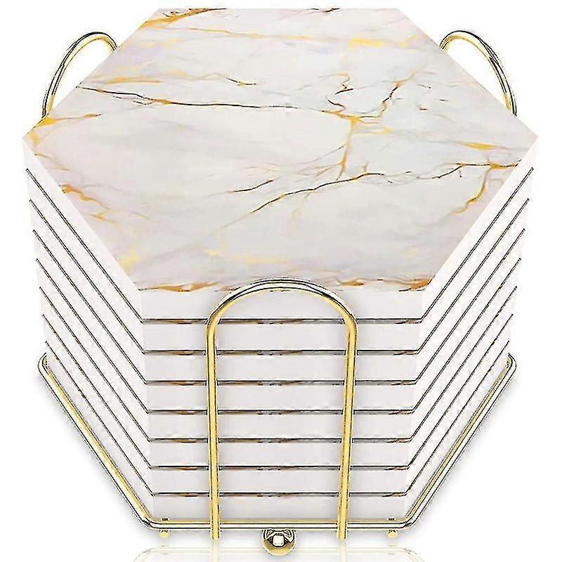 8 Pc Marble Design Ceramic Coaster Set with Holder, Super Absorbent