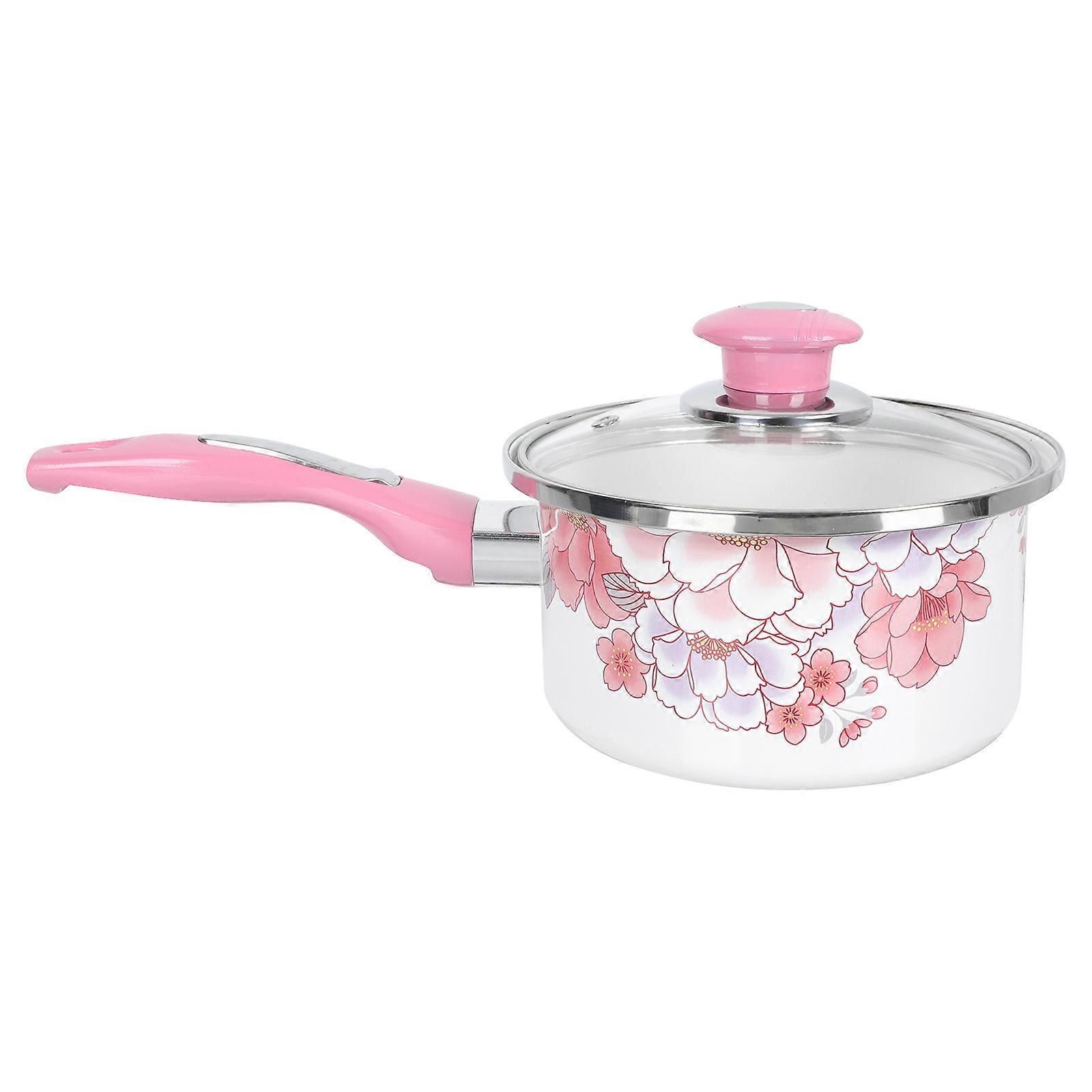 Pink Enamel and Glass Milk Pot with Lid for Kitchen Use Perfect for Baby Food and Porridge 1pc