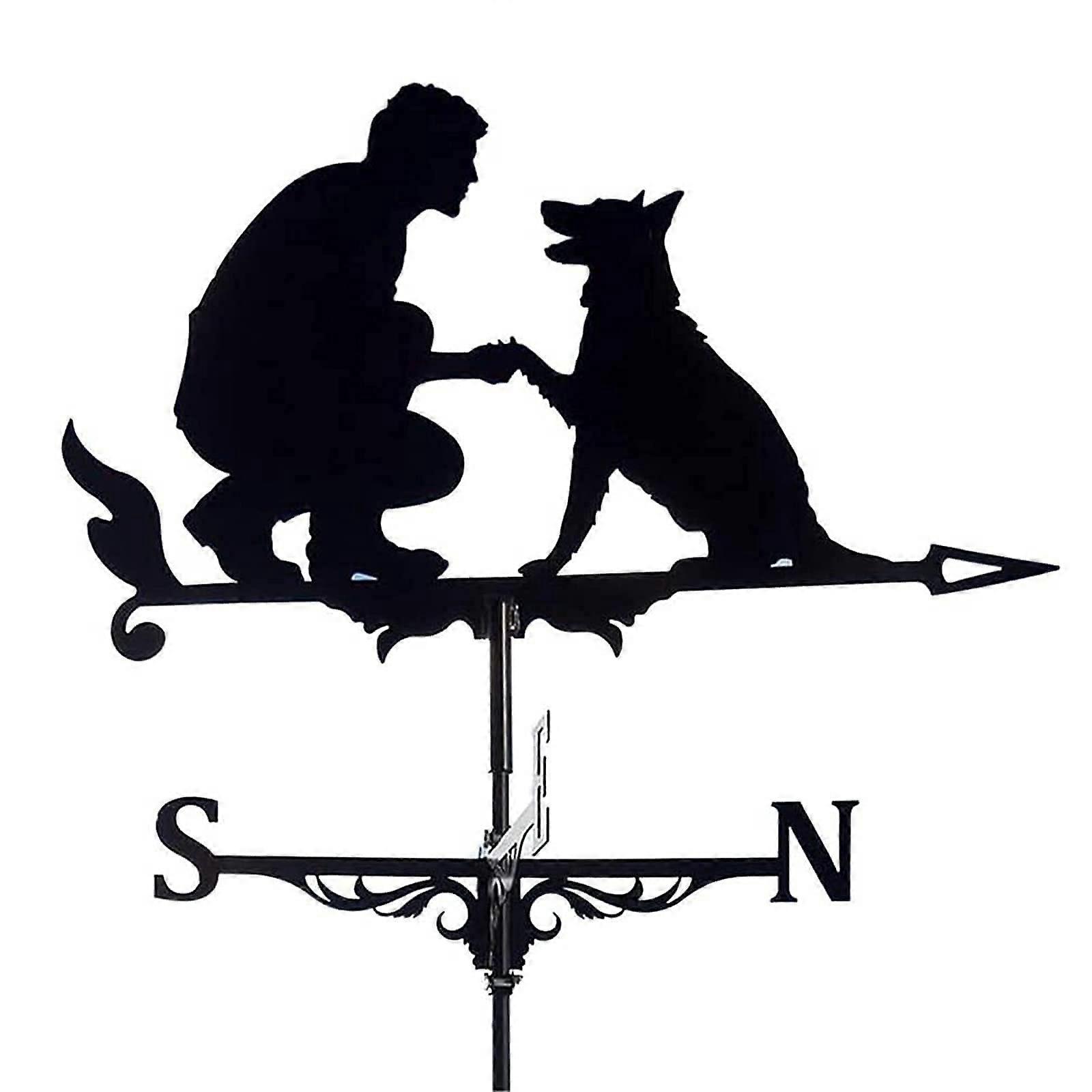 Stainless Steel Weather Vane - Garden Wind Direction Indicator With Man And Dog Figures Ref 2559