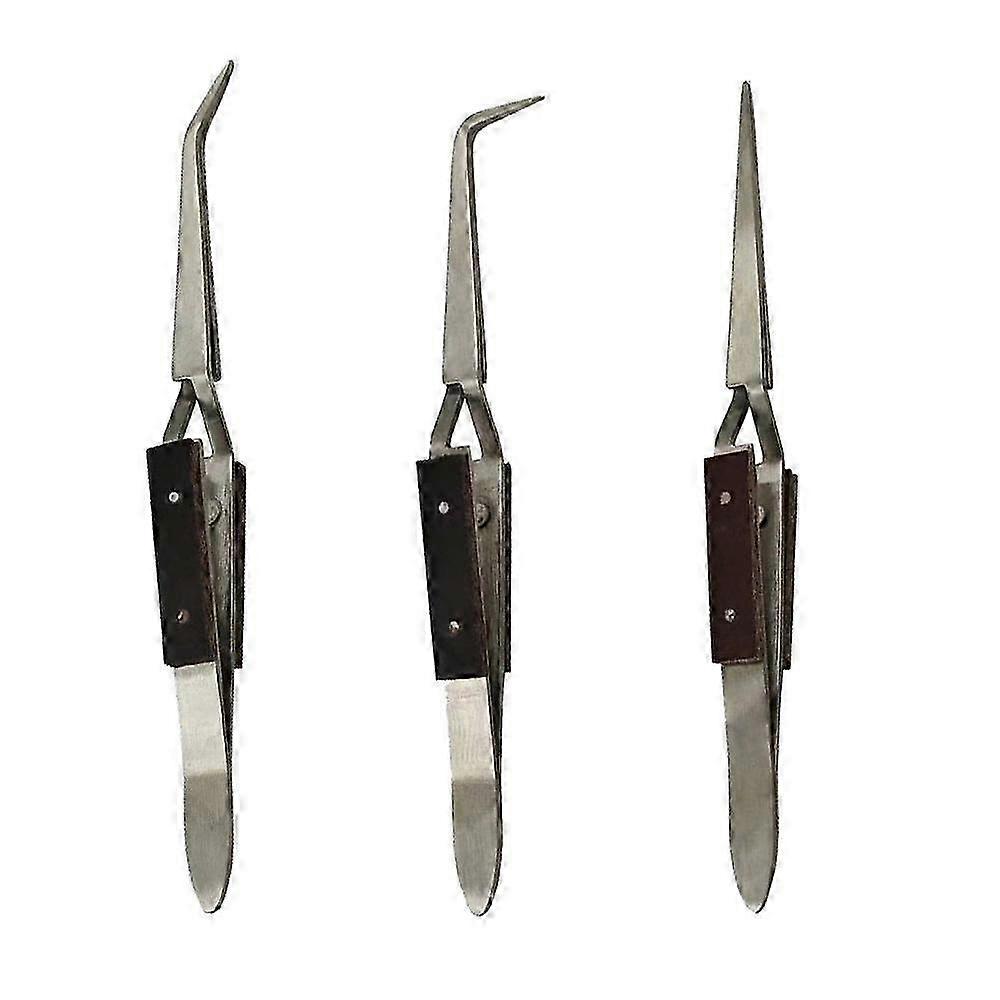 3Pcs Precision Reverse Tweezers Non-Conductive, Heat Resistant, Anti-Magnetic Pointed & Curved Tips Tweezer Set