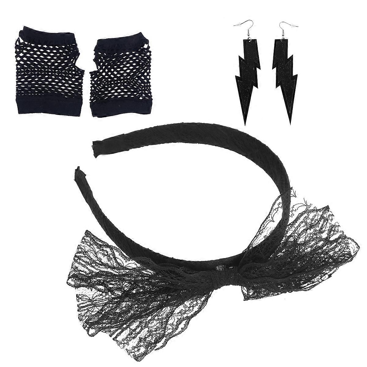 女の子のフィンガーレスグローブレースヘッドバンドネオンイヤリングハロウィンドレスアップブラック1セット