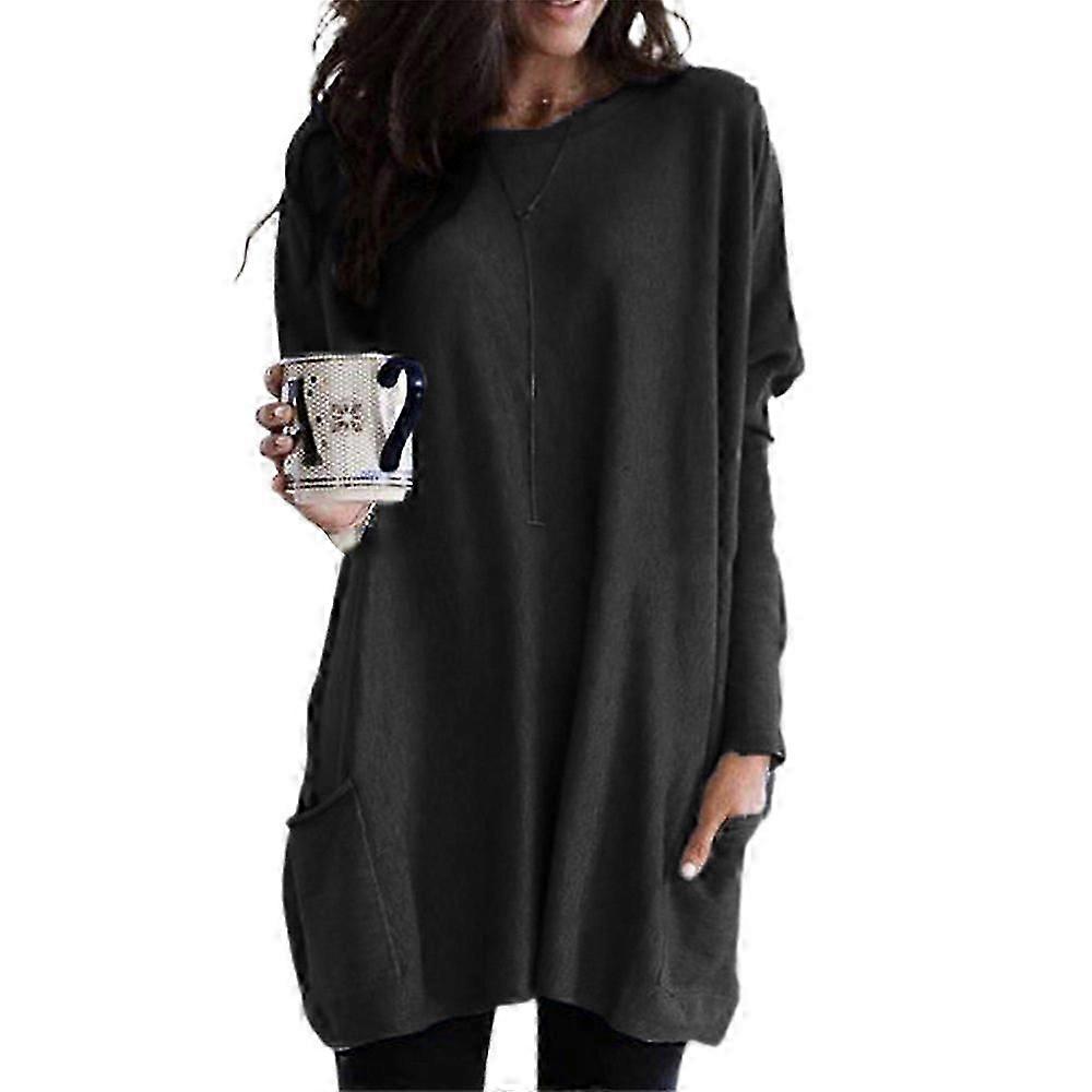 Damska gładka sukienka z długim rękawem oversize z okrągłym dekoltem Baggy Tunika Długie topy Plus Size-ss