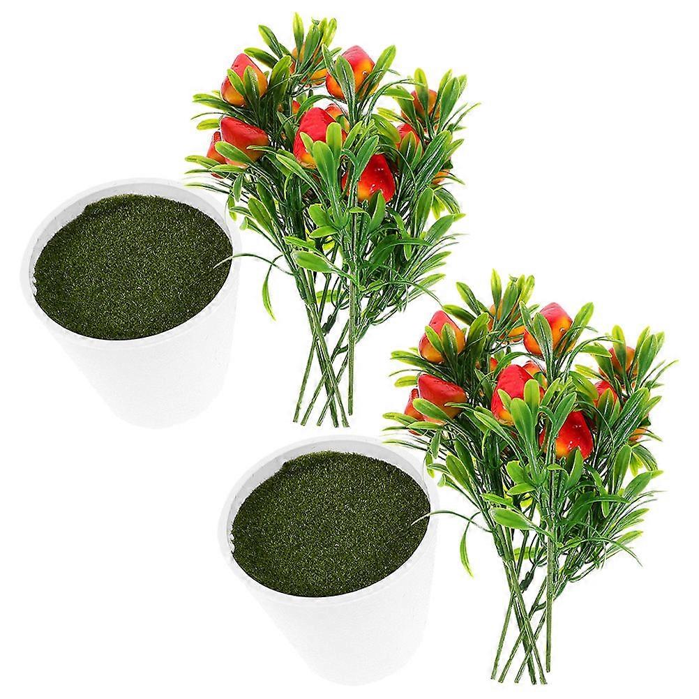 شجرة الفراولة البلاستيكية شجرة الفاكهة بونساي بوعاء مزيف أشجار الفاكهة الديكور الفضائي 2 مجموعات