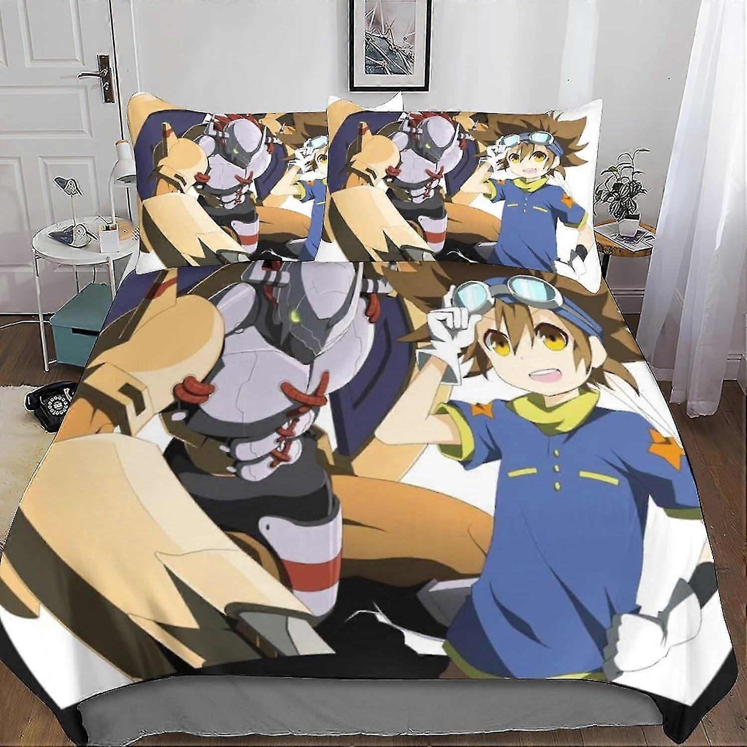 3D Bedding Set for Digital Monsters - Microfiber Duvet Cover Set with Zipper Closure, Soft Double, 3 Pieces