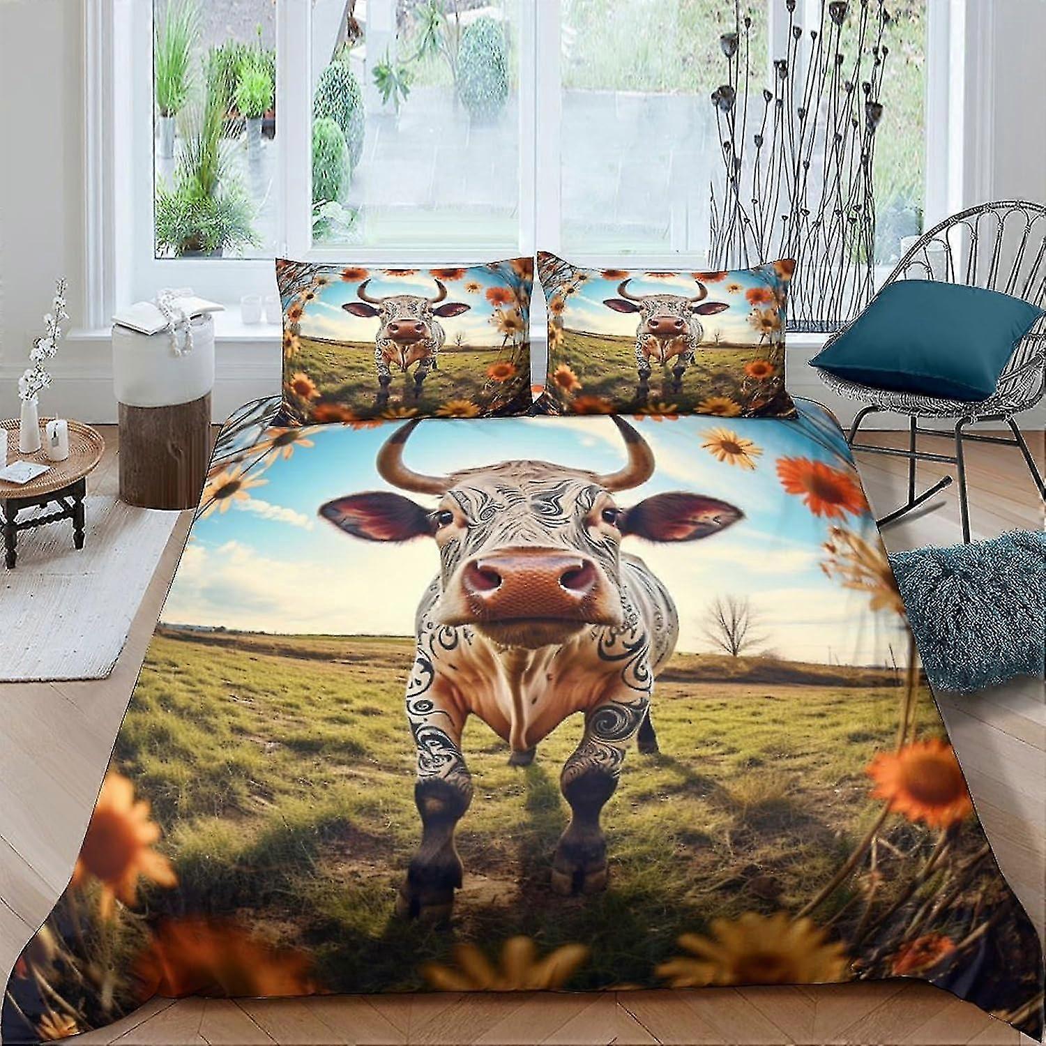 Conjunto de capa de edredom de vaca Highland de microfibra macia Conjuntos de cama de decoração de quarto antialérgico com fecho de zíper duplo