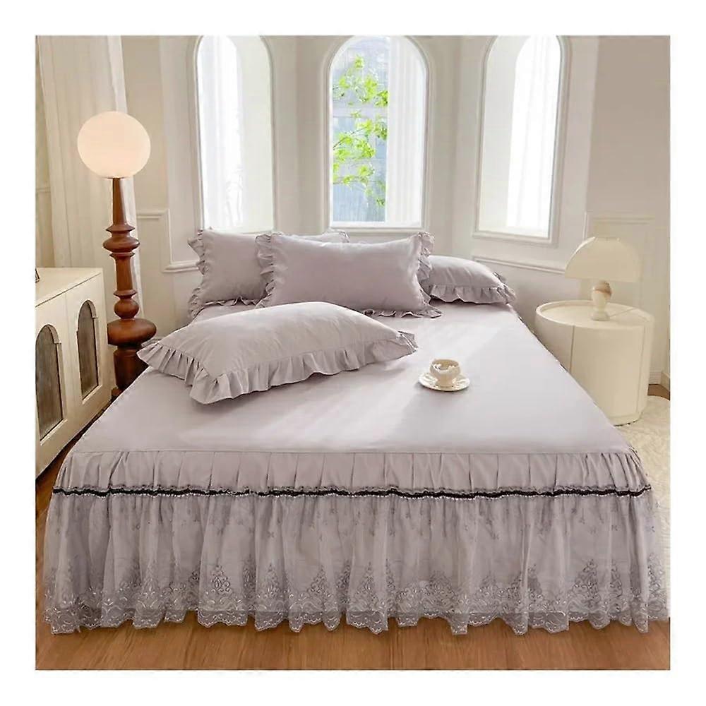 Hautfreundliche Tagesdecke Dunkelgrau 2,0 x 2,2 m, Prinzessinnen-Stil Bettrock mit Spitze, Rutschfest, Einfarbig, Abdeckung
