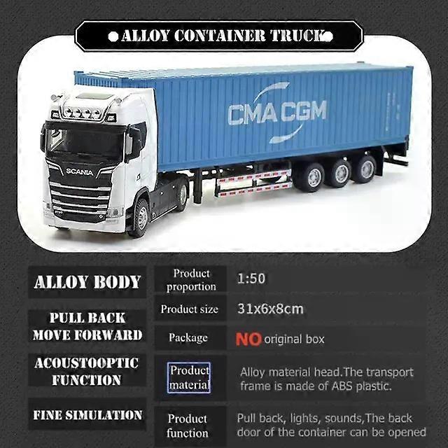 1:50 Simulation Alloy Diecast Large Truck Head Model Container Toy Pull Back Sound Light Engineering Transport Vehicle For Kids
