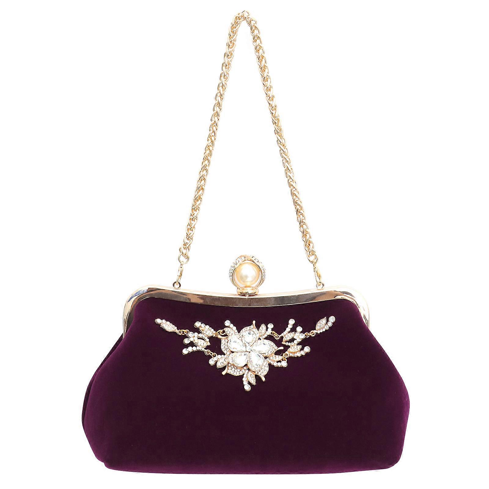 Purple Women Evening Bag with Rhinestones Embellishment Made of Plush Fabric Elegant and Durable for Banquet Party Handbag