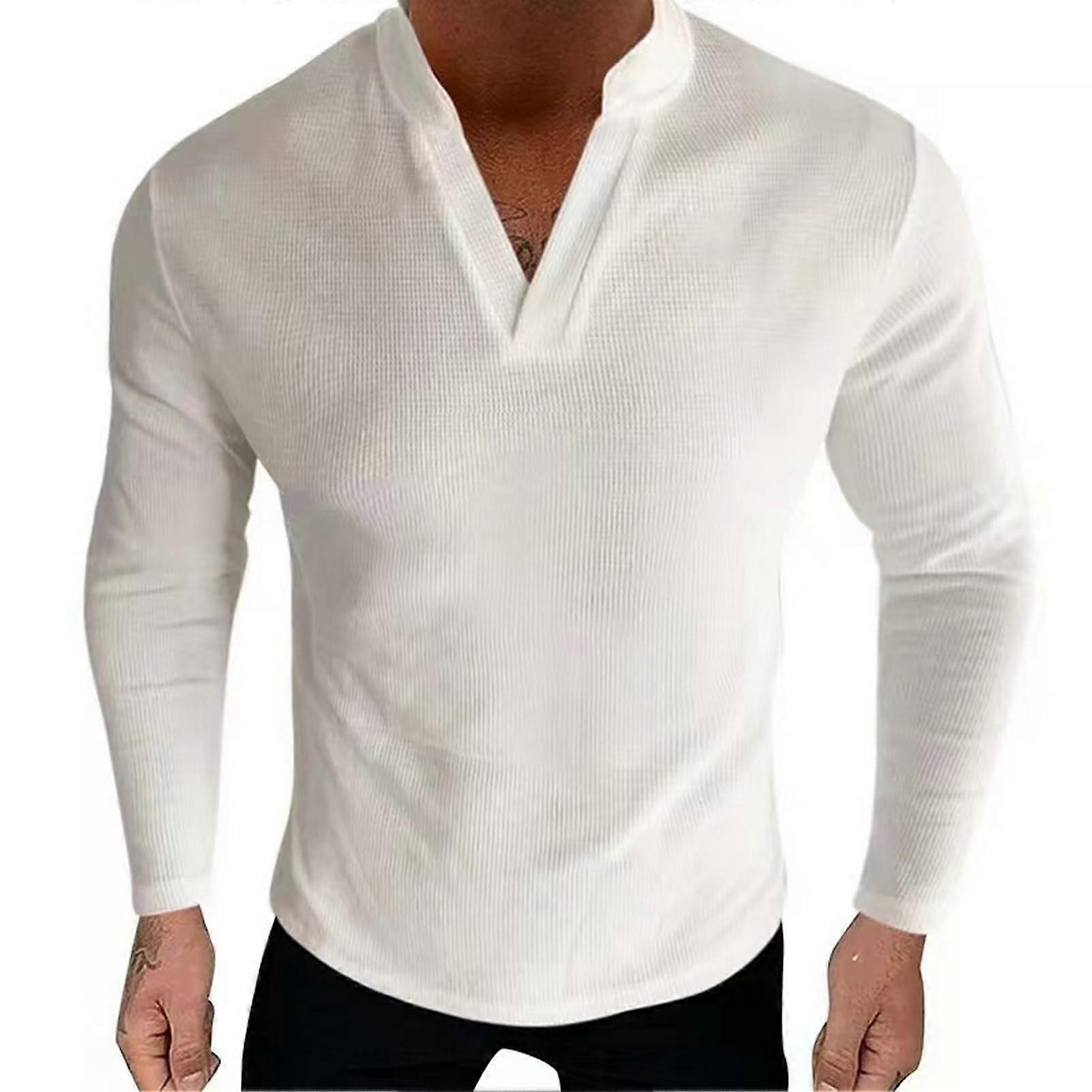 Thin men's , spring Tshirt, Vneck, solid color, longsleeve, casual, white L