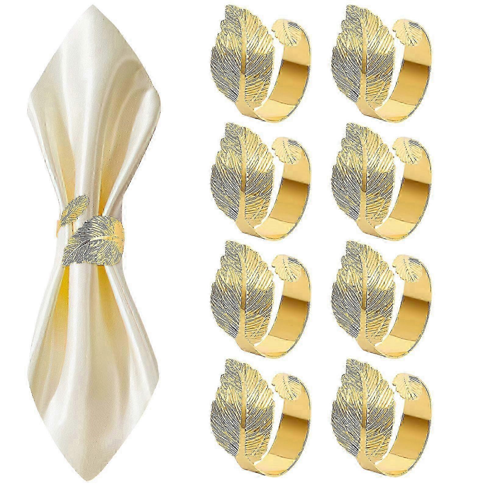 Gold Leaf Napkin Rings Set of 8, Elegant Metal Fabric Napkin Holders for Table Decor
