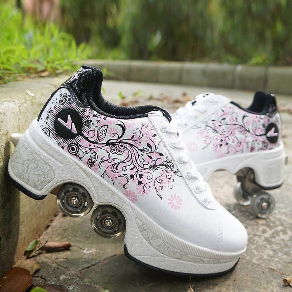 4 Wheel Adjustable Quad Roller Skates Boots, 2In1 MultiPurpose Walking Shoes, White, Size 38