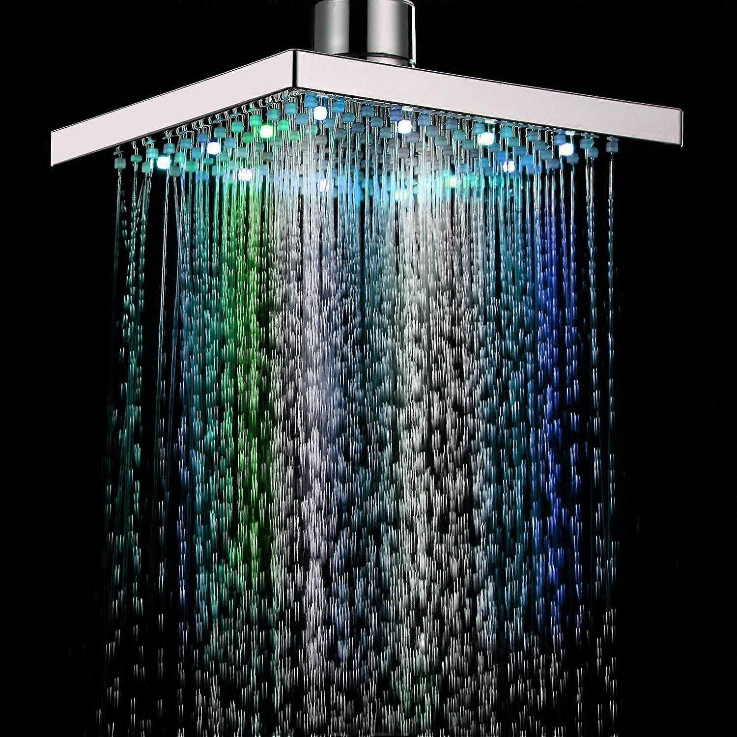 LED Rain Shower Head 8-Inch Multi-Color Light Rotating Spa Showerhead, Square Chrome Modern Design, No Battery Required