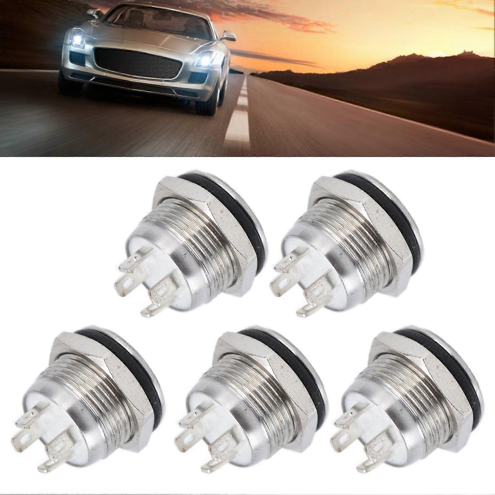 5Pcs Button Switch Stainless Steel Flat Top Button with LED Self Reset Power Accessories 12mmDC3‑6V Green