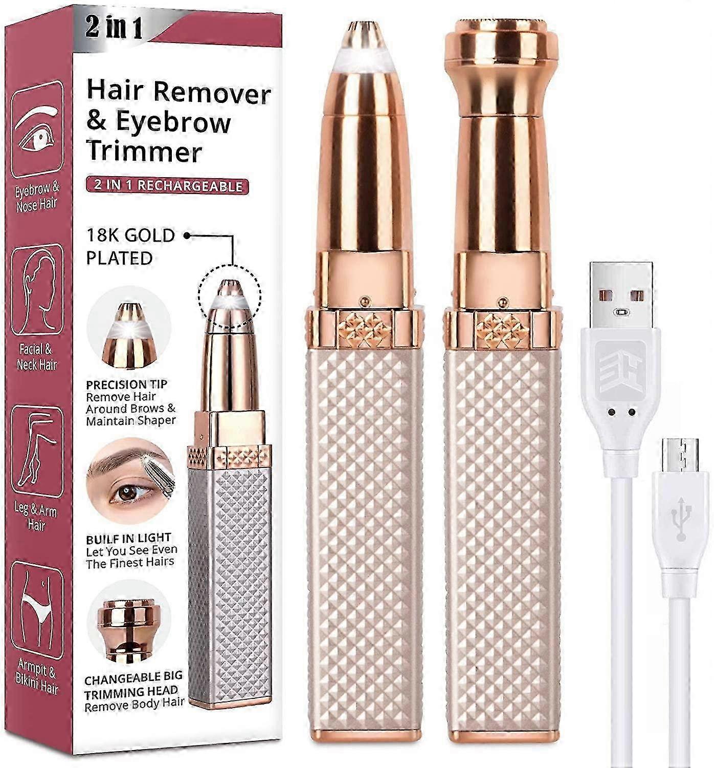 Eyebrow Trimmer & Facial Hair Removal for Women, 2 in 1 Eyebrow Razor and Painless Hair Shaver Rechargeable for Face Peach Fuzz, Eyebrow, Lips,