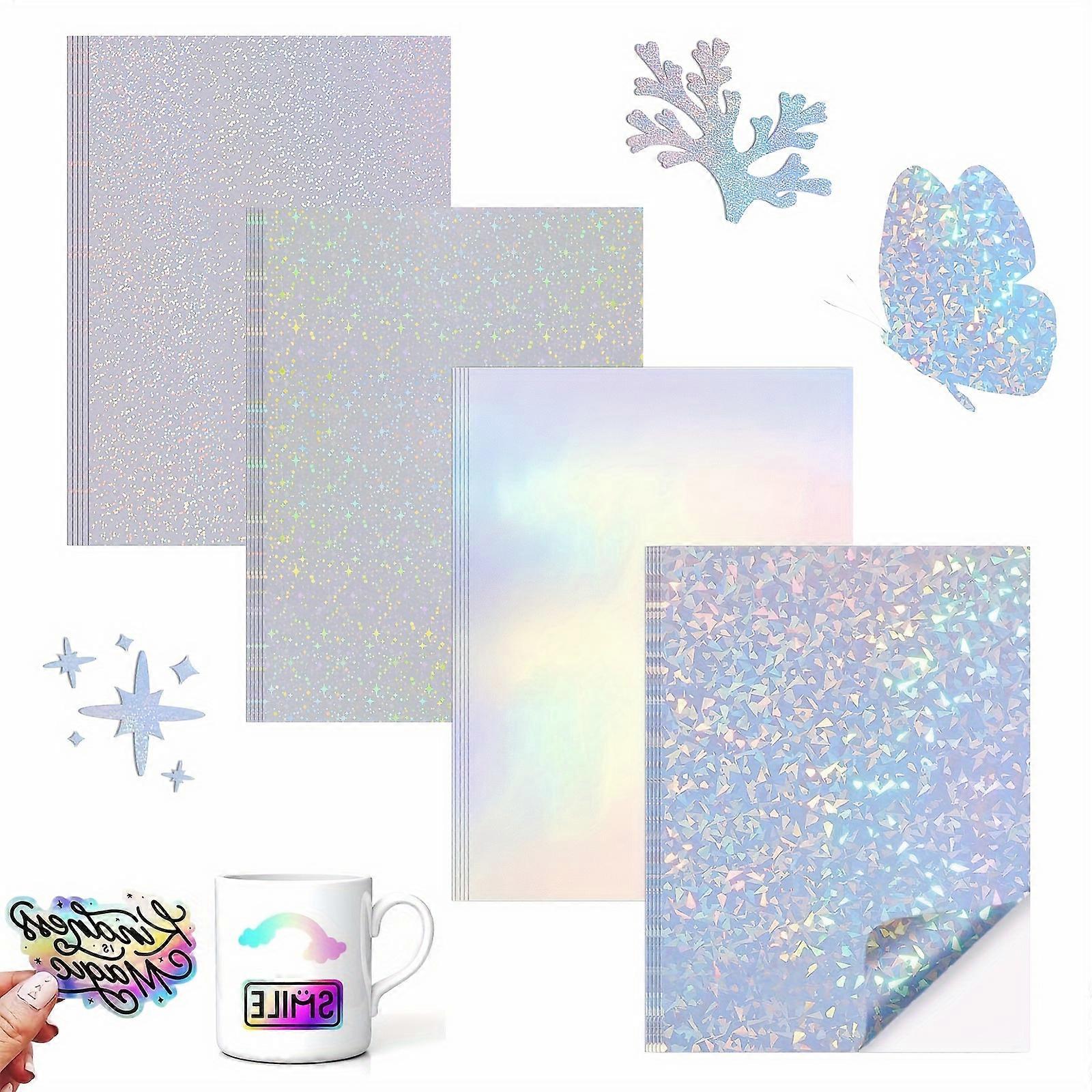20 Sheets of A4 Holographic Printable Vinyl Sticker Paper, 8.3×11.7 Inch Vinyl Stickers 4 Mixed Styles (Diamond, Rainbow, Stars, Dots) Inkjet Printing