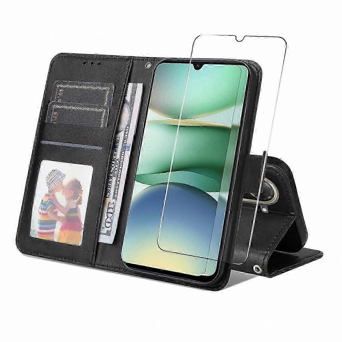 PU Leather Wallet Case with Tempered Glass for 173.3mm Phone Stand Cover