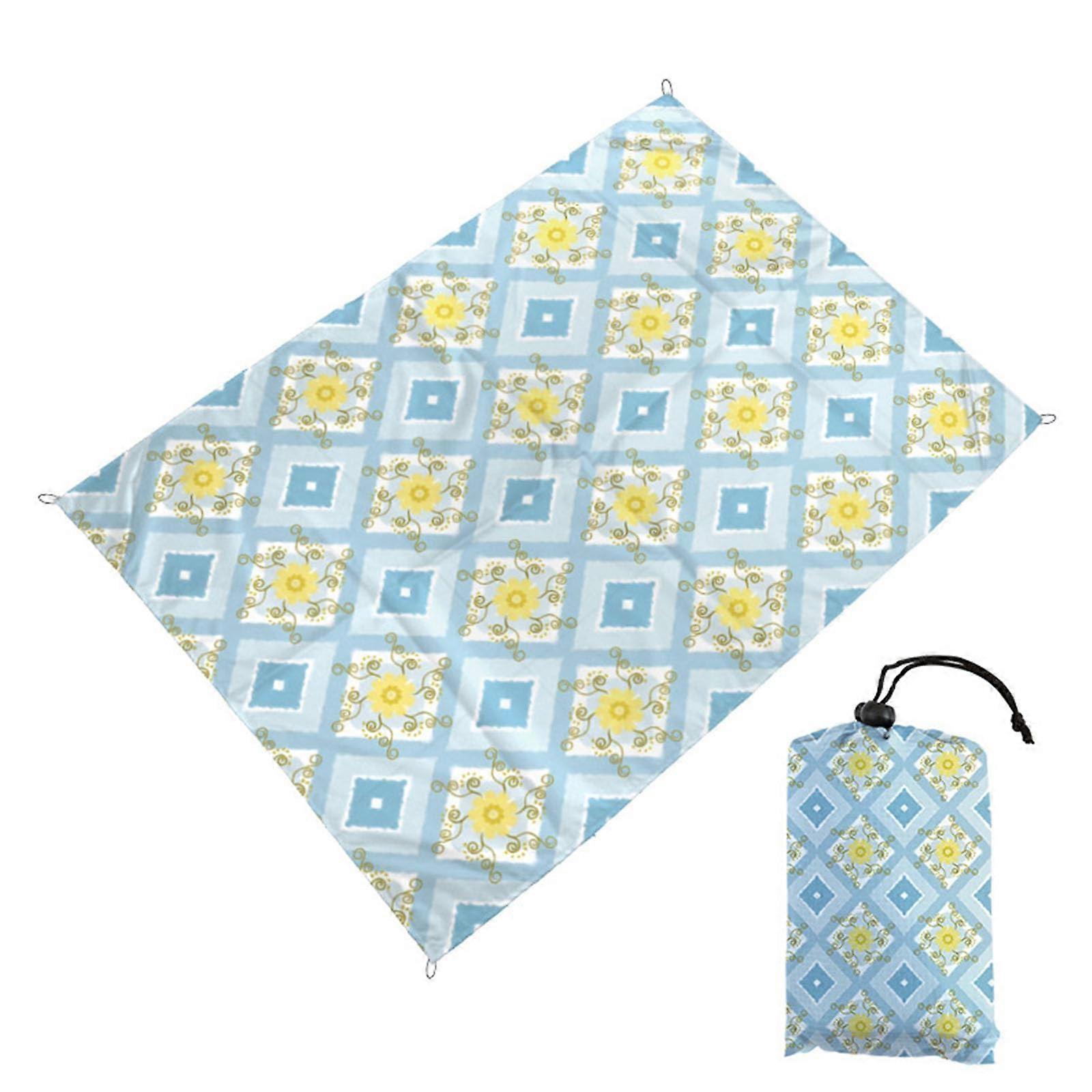Beach Blanket Waterproof Picnic Mat 200x210cm With 4 Fixed Nails, Large Camping Blanket For Beach, Picnic Ethnic Pattern