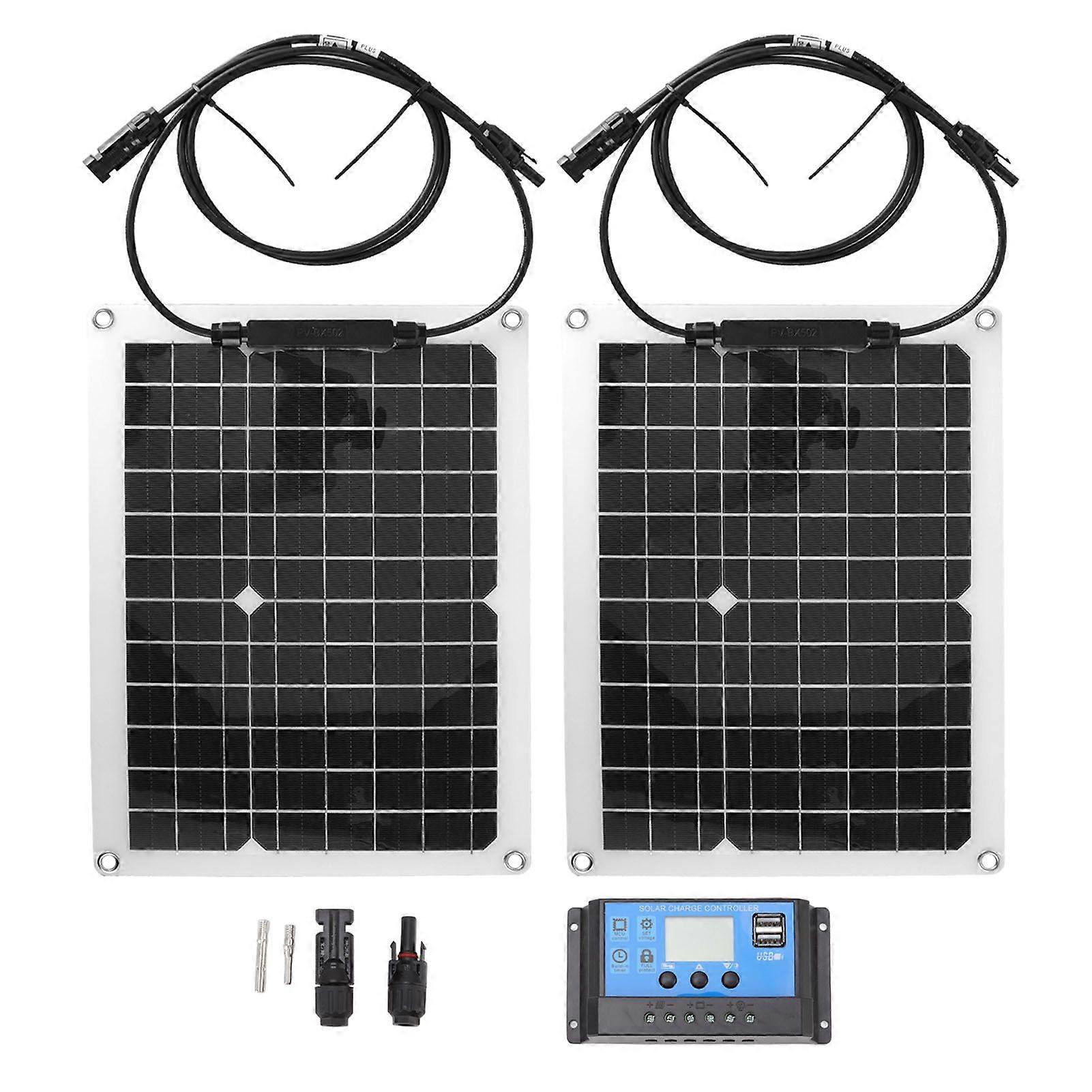 2pcs Solar Panel Kit 50W Monocrystalline Silicon Solar Charge Panel with 10A Controller for Car Yacht RV