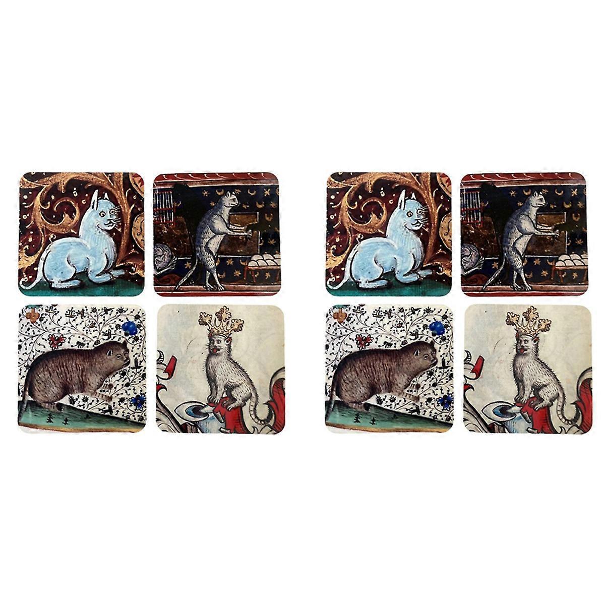 4 PCS Medieval Cat Coasters for Drink Set Cat Pattern Round Coasters