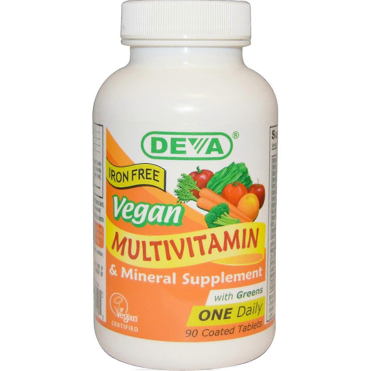 Deva, Vegano, Multivitamínico & Suplemento Mineral, Libre de Hierro, 90 Tabletas Recubiertas