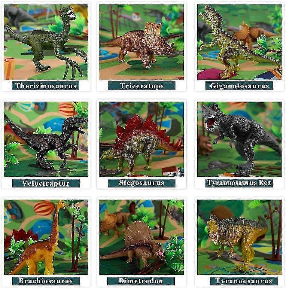 Dinosaur Toy Figure w/ Activity Play Mat & Trees, Educational Realistic Dinosaur Playset to Create a Dino World Including T-Rex, Triceratops, Velocira