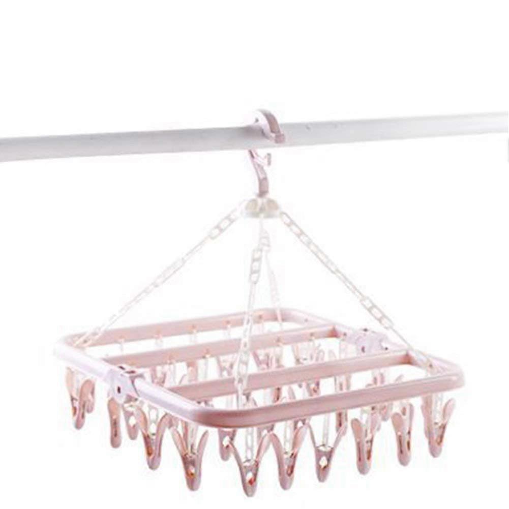Clothes Drying Rack With 32 Clips Folding Plastic Beige Pink Multifunction