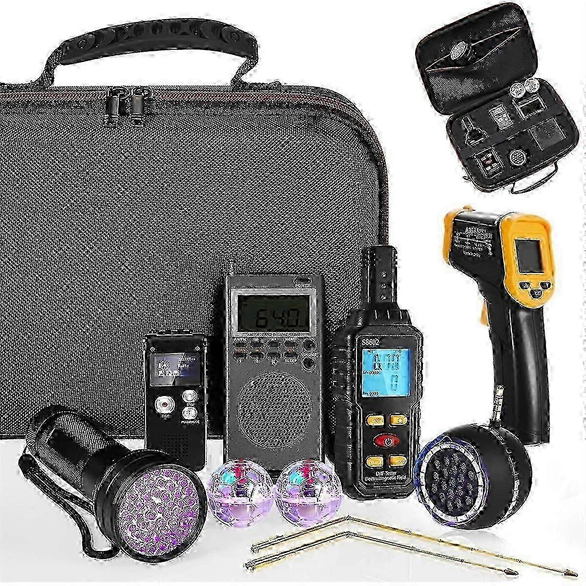 9 قطع مجموعة معدات مع مقياس EMF ، مسجلات الصوت ، مصباح يدوي