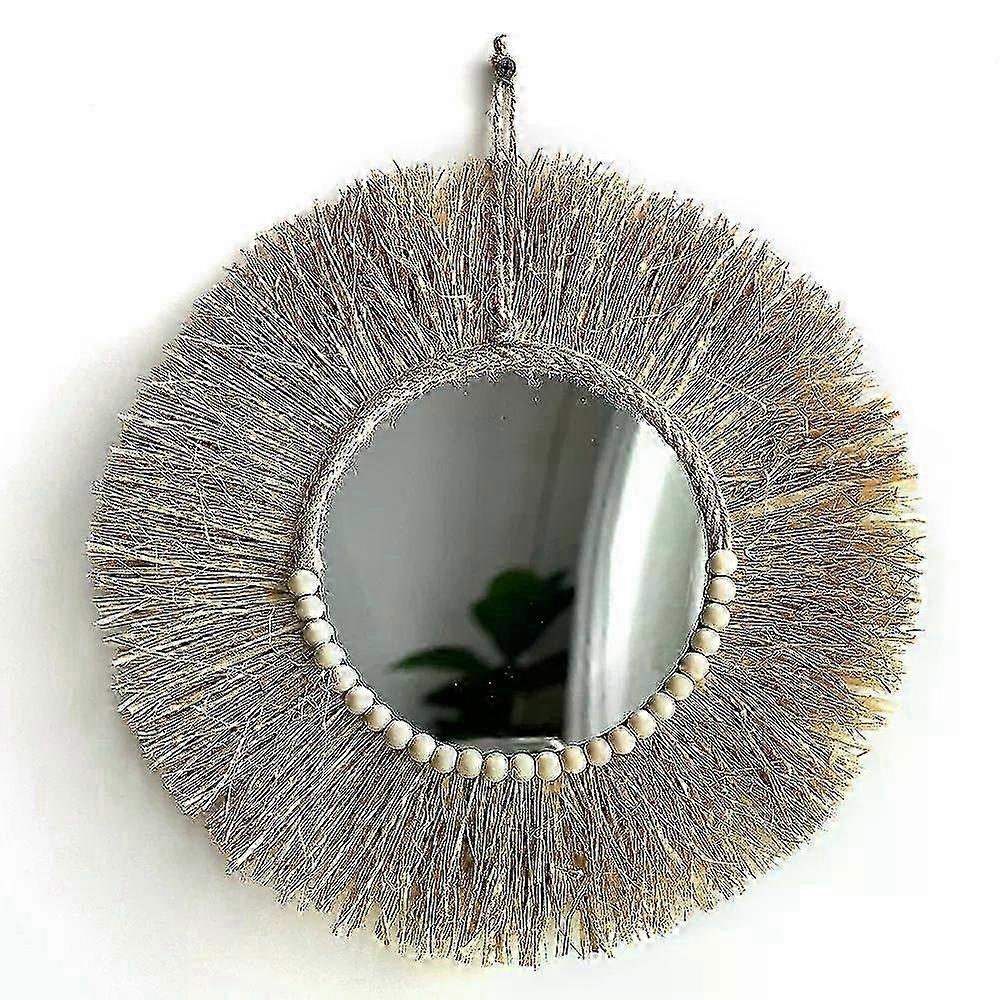 Handmade Boho Raffia Mirror Wall Hanging Decor Rustic Boho Circle Acrylic Mirrors with Wood Bead Farmhouse Aesthetic Nursery