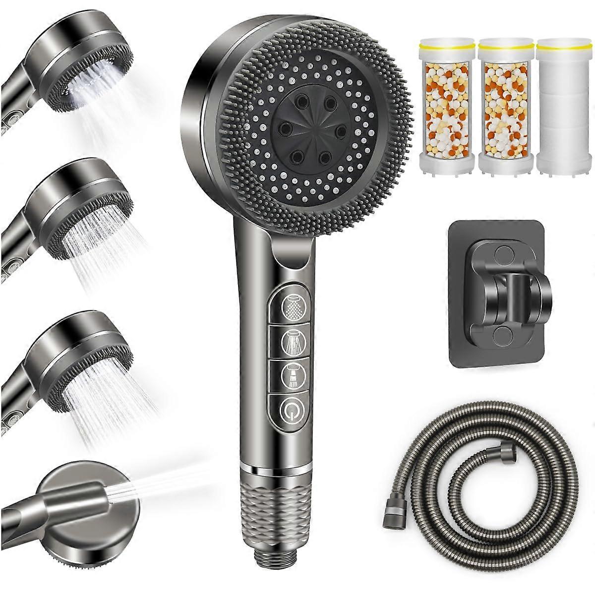 Shower Head 1.5m Hose,  Pressure, 4 Spray Modes, Handheld Showerhead, Filter for Residual Chlorine, Grey