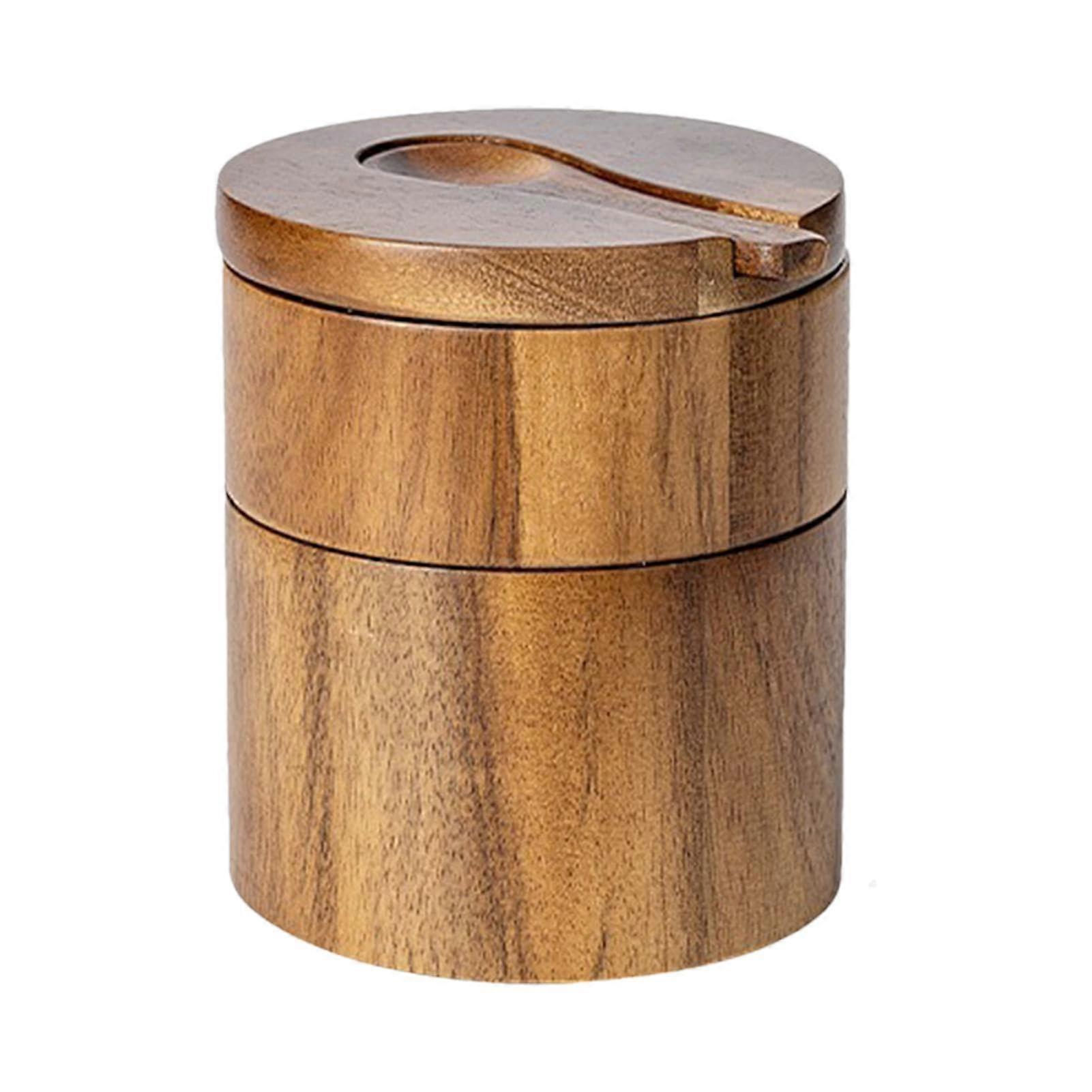 Seasoning Container Wooden Storage Unit With Magnetic Rotating Tray, TwoTier Circular Box, Culinary Salt Organizer