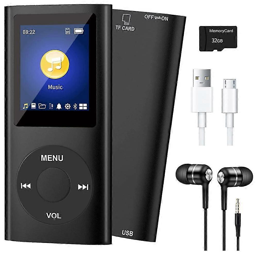 Lettore MP3 con Bluetooth 5.0, lettore musicale con scheda TF da 32 GB, FM, auricolari, lettore musicale Hi-Fi portatile Nero