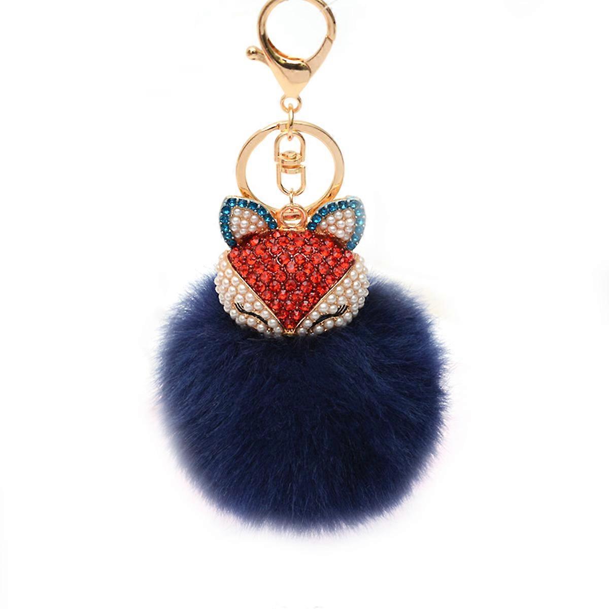 Fluffy Ball Keychain with Pearls Rhinestones Inlay Key Chain for Womens Bag / Cellphone / Car Pendant (Navy Blue)