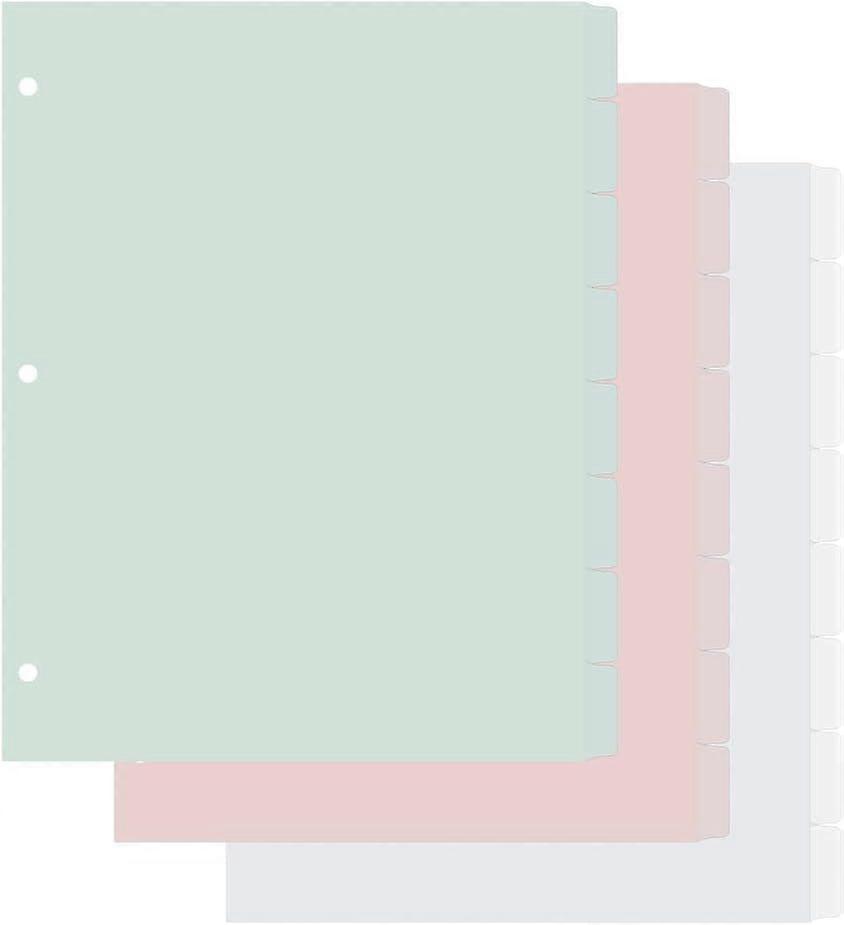 48Pcs 3 Colors 8-Tab Binder Dividers PP Plastic Notebook Divider Sheets 3 Ring Binder Dividers Index Tab Divider Sheets for School Office Home 28x23CM