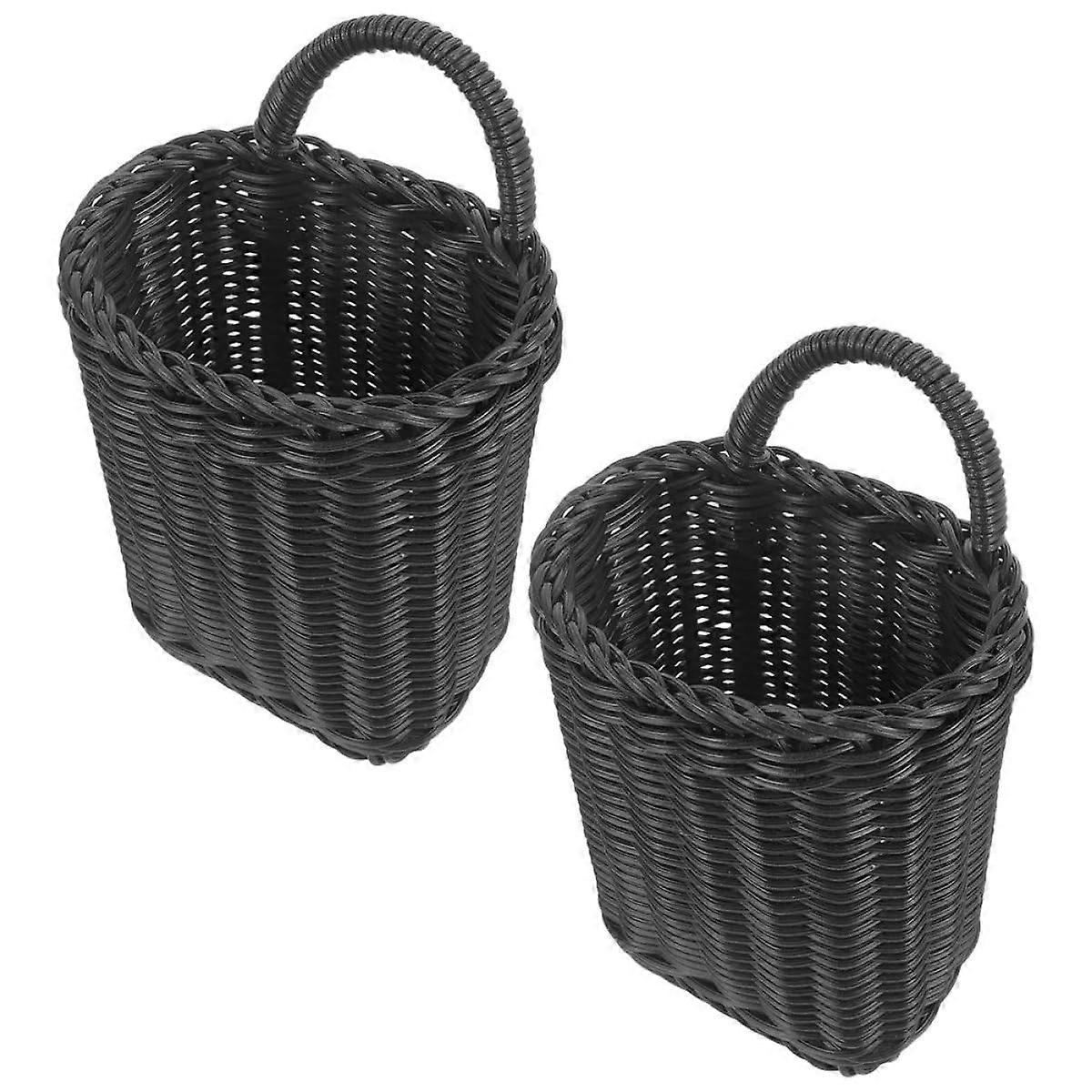 2Pcs Wall Mounted Woven Storage Baskets Black Rustic Hanging RattanStyle Organizer for Kitchen Bathroom Fruit Vegetable