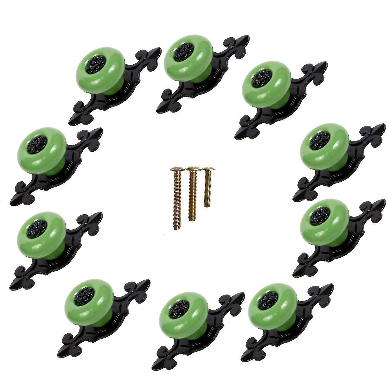 Green Vintage Ceramic Cabinet Knobs 10 Pack, Petal Design Drawer Pulls with Rustic Zinc Alloy Base