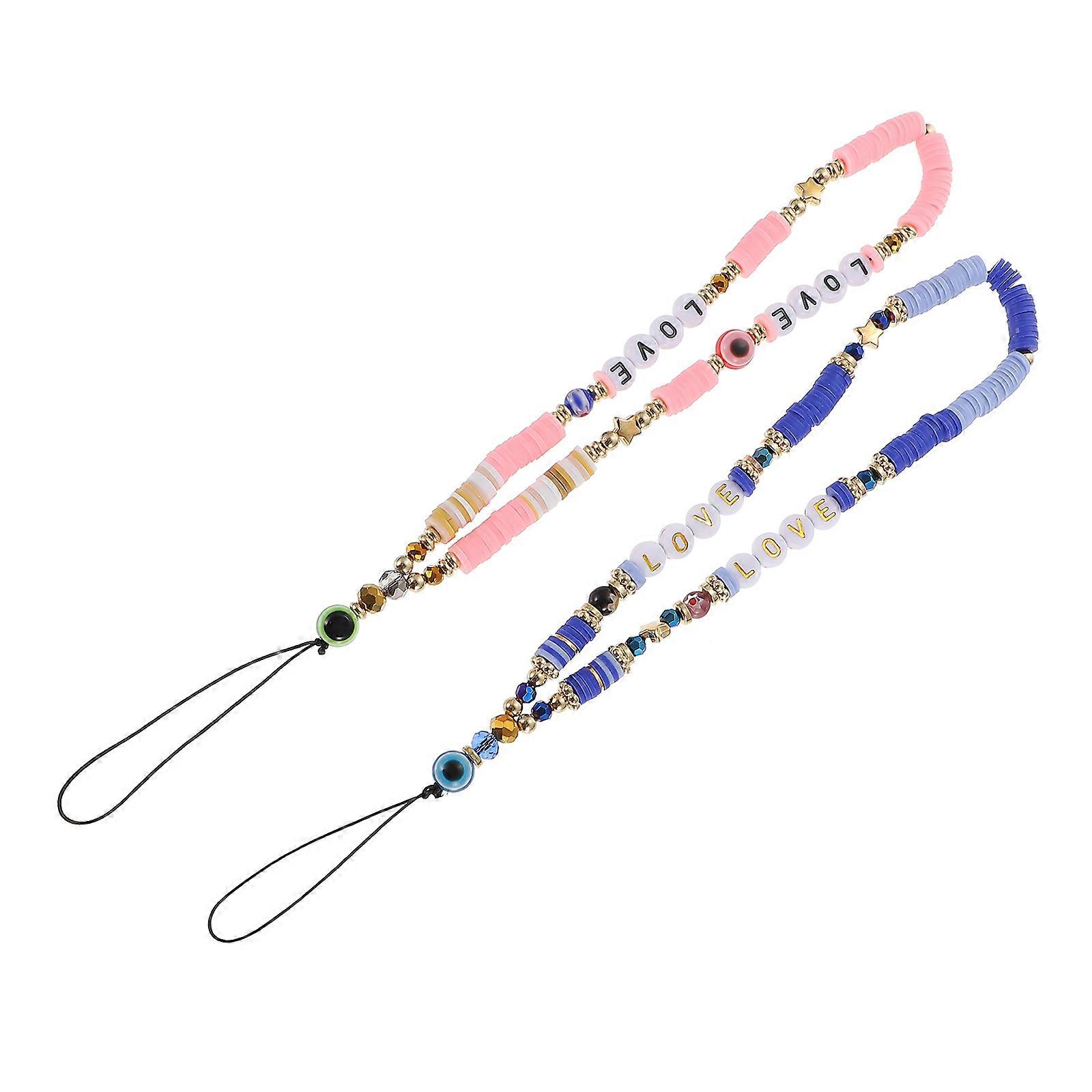 Mobile Phone Chain for Wrist Use with Polymer Clay Beads 2Pcs Set