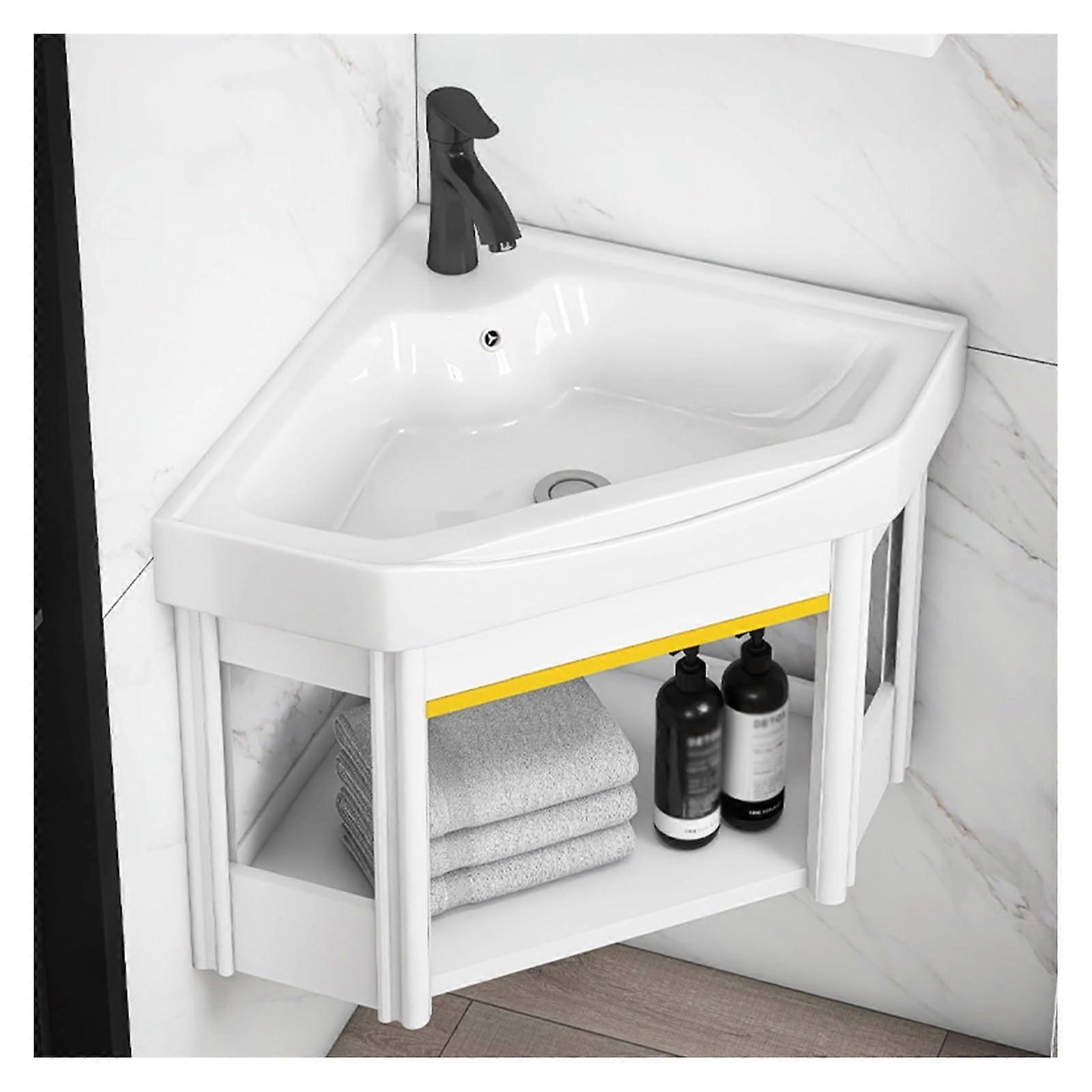 Wall Mounted Corner Sink with Storage Cabinet, SpaceSaving Ceramic Basin for Small Bathrooms, White