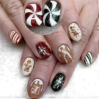 24-teiliges Set künstlicher Weihnachtsnägel zum Aufkleben für Damen, kurze ovale Festtagsnägel mit Schneeflockenmotiven und Kleber