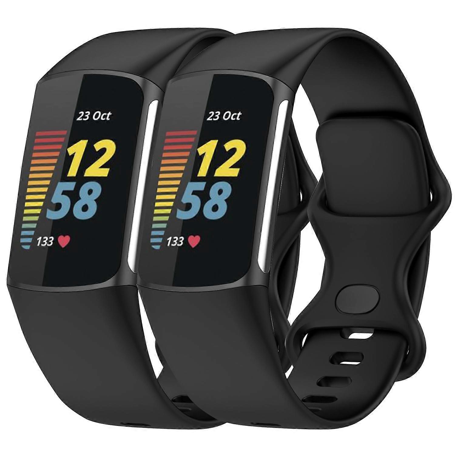 2 Pack Large, Soft Silicone Replacement Strap with Secure Closure Black for Fitbit Charge 6 and 5 Bands