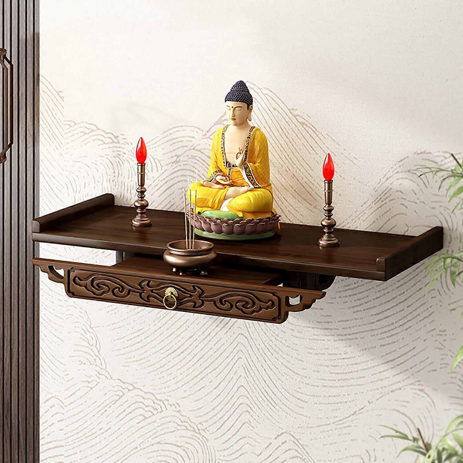Wall Mounted Buddha Altar Shelf with Storage, Bamboo Prayer Shrine Table with PullOut Offering Tray