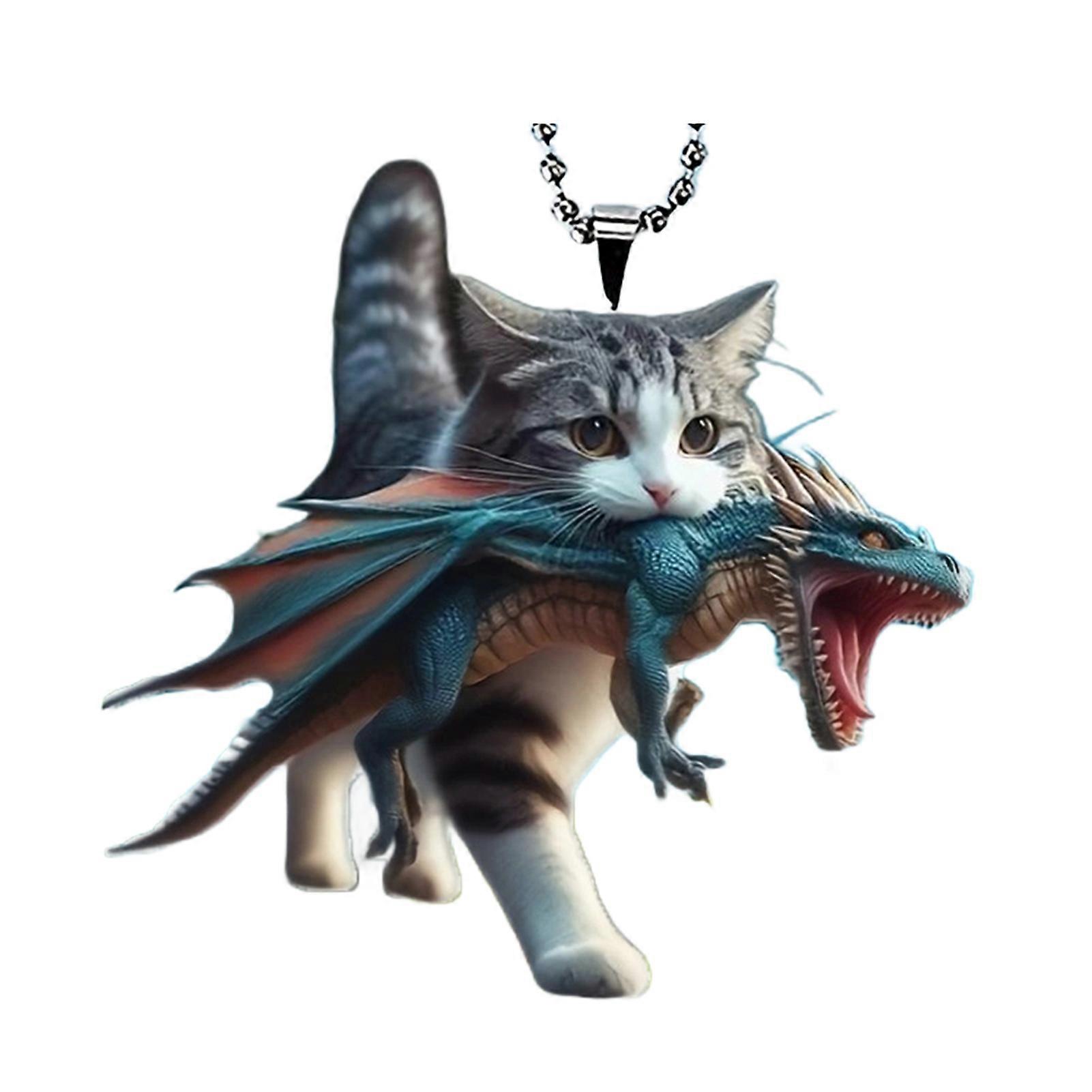 Cat And Dinosaur Acrylic Pendant – Realistic Cute Design & Rope – For Car Mirror Or Keychain – Durable Construction