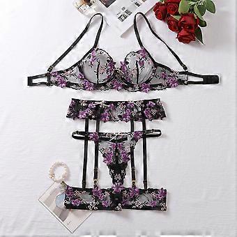 Sexy Thin Women's Lingerie Set Purple Lace Embroidered Bra Set Push-up Breathable Underwear Set