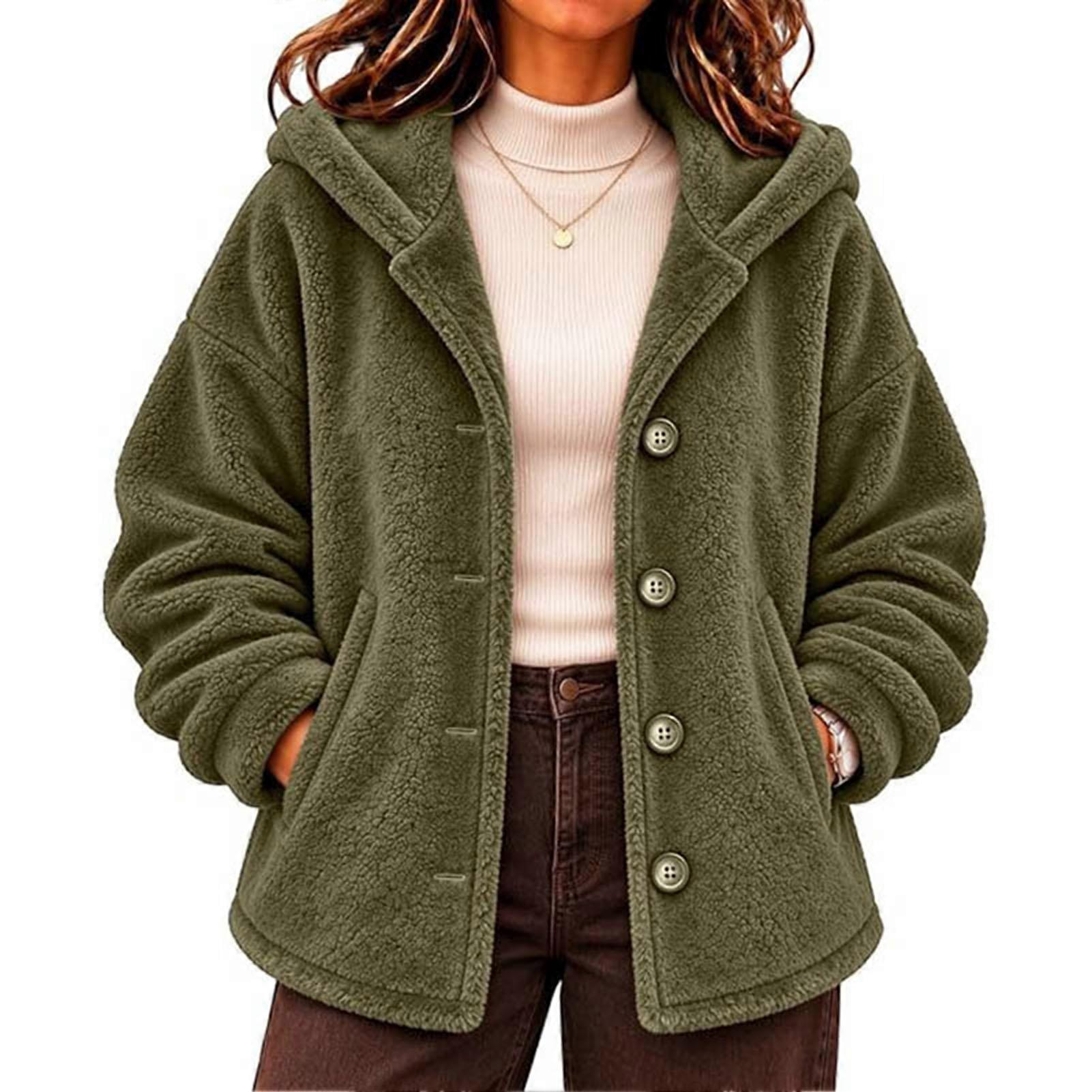 S-3XL Hooded Fleece Jacket Button Up Pockets Fall Winter